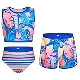 GRACE KARIN Mädchen Badeanzug 3-teilig Tankini Badeanzug Kinder Sommer Bikini Set Blau 10-12 Jahre
