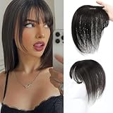 Haarteile Für Frauen Echthaar Mit Pony 360° 3D Abdeckung Künstlicher Pony Glattes Echthaar Topper Mit Dünner Werdendem Haar Clip in Pony Realistische Kopfhaut Mit Haarteilen (1B# 8 Zoll 20cm)