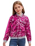 inhzoy Unisex Kinder Glänzende Pailletten Jacke Langarm Glitzer Bomberjacke Mit Reißverschluss Sport Freizeitjacke Streetdance Hip Hop Jacke Hotpink_A 146-152