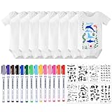 LOEPENLE 8er Set Bemalen Kurzarm Baby Body,Bemalen Babyparty, Baby mit 8 Kurzarmbody mit 8 Kurzarmbody+14 Bunte Textilstift+8 Schablonen für Babyparty Spiele Babyshower Strampler