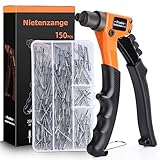 Preciva Nietzangen-Set, Nietpistolen-Werkzeug, Handnietzangen-Kit, Hochleistungs-Nietpistole, professioneller Nietpistolen-Satz mit 150 Nieten 2.4mm 3.2mm 4mm 4.8mm Vier Größen