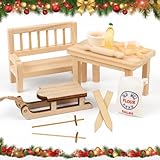 Wichtel Set Weihnachten 13 Stück, Miniatur Wichtel Zubehör, Miniatur Puppenhaus Zubehör mit Backset, Tisch, Stühle, Holz Schlitten für Wichteltür Deko, Kinderzimmer Dollhouse, DIY Geschenk für Kinder