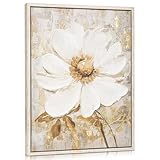 Hollyone Blumen Leinwandbilder Groß 42x32 cm Ölgemälde Blumen Wandkunst Gemälde Wohnzimmer Modern Wandbilder Schlafzimmer Handgemalt Weiß Magnolie Gemälde Leinwand für Hotel Küche Büro Wanddeko