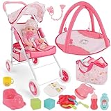 deAO Puppenwagen Set für Mädchen, Babypuppen-Set mit Puppenwagen, 30cm Babypuppe, Spielbogen, Tasche, Plastik Geschirr, Puppenzubehör für Realistisches Rollenspiel, Geschenk für Mädchen ab 3 Jahren