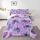 Homemissing Mädchen Schmetterling Steppbett Blau Lila Bettdecke 200x200cm für Kinder Teens Chic Schmetterlinge Steppdecke Träumig Schönes Schlafzimmer Dekor 3 Stück
