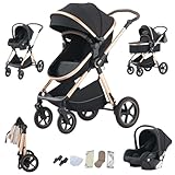 Shineey kinderwagen 3 in 1 Buggy Babybett Komplett Set Einem Klick Zusammenklappbarer Kinderwagen, 3 in 1 KombiKinderwagen Aluminiumrahmen für Neugeborene