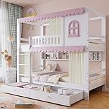 Etagenbett, Kinderbett Mit Fenstern und Vorhängen, mit Fallschutzgitter, Offenes Regal, Stabiles Geländer, Reichlich Stauraum, Zwei Schubladen mit Rollen, Kiefer+MDF (Weiß+Rosa(Mit Bettvorhang))