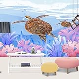 UHKGDS Tapete mit MeeresschildkröTen für Schlafzimmer Korallenriffe Wandaufkleber und Wandbilder Hellblaues Ozean Schlafzimmer Tapete für BüRo Wohnzimmer Schlafzimmer 150 x 100 cm