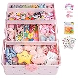 Bollisate Kinder Haarschmuck Aufbewahrungs Kasten, 3-lagige Schmuckkästchen Mädchen, Rosa Wasserdichter Haargummi-Organizer mit 6 Aufklebern, Niedlicher Schmuck Organizer für Schlafzimmer Wohnheim