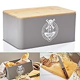 Bambuswald© Brotbox aus Metall mit ökologischem Deckel aus Bambus - ca 33x21x16cm | Brotkasten für Croissants, Brot o. Brötchen | Brotbehälter mit Küchenbrett | Aufbewahrung Vorratdose Brotdose
