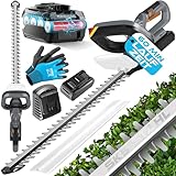MASKO® Akku Heckenschere Profi Hecken & Strauchschere 57cm Schnittlänge Inkl. Handschuhe, Schutzhülle & 21V Akku 2,0 Ah mit Ladegerät, 27mm Zahnabstand Dual Schnittklingen Verstellbarer Griff Grau