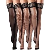 SNDE 4 Paar Halterlose Netzstrümpfe Spitzenstrümpfe Oberschenkelhohe Strümpfe für Damen,M-L