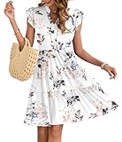 AUSELILY Damen Sommerkleid V-Ausschnitt Kleider Rüschen Ärmel Minikleid Elastische Taille Freizeitkleid mit Taschen Blumenweiß L