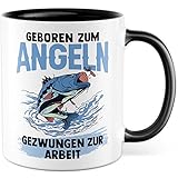 Tasse Angler, Geboren um zu Angeln - Gezwungen zur Arbeit Geschenk Geschenkidee Fischer Bürogeschenk Kaffeetasse mit Spruch lustig Kaffee-Becher (Weiß/Schwarz)