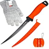 FINN Outdoors Filetiermesser Set Edelstahl Angelmesser, Fischmesser, Küchenmesser, Ausbeinmesser mit 2in1 Messerschärfer, scharfes Messer zum Angeln & Filetieren, Schnittschutzhandschuhe (orange)