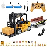 QiquBox Ferngesteuertes Gabelstapler-Spielzeug, 1/24 RC Gabelstapler-Spielzeug mit Trägerplatte/Kisten/Holz/Verkehrsschild/Ton- und Lichtspray, Zwei wiederaufladbare Batterien, Geschenke für Jungen
