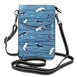 Xiso Ver Kleine Umhängetasche für Damen, Haie auf weiß-blauem gestreiftem Druck, Leder, Handygeldbörsen, Mini-Leder-Schultertasche, Handtasche, verstellbarer Riemen