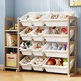 Spielzeug-Organizer – Spielzeug-Organizer und Aufbewahrung mit Bücherregal, Spielzeug-Aufbewahrungsregal mit 3 Regalen und 12 Aufbewahrungsbehältern, Kinder-Bücherregal und Spielzeugaufbewahrung für