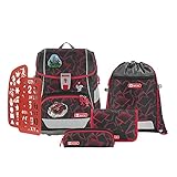 Step by Step Schulranzen-Set 2IN1 Plus Ninja Yuma, 6-teilig, schwarz-rot, ergonomischer Tornister mit Reflektoren, höhenverstellbar mit Hüftgurt, für die 1. bis 4. Klasse, 19L