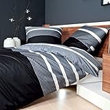Janine Bettwäsche Davos 65030 08 Silber Schwarz Feinbiber Streifen Warm Kuschelig Baumwolle, Größe:135 cm x 200 cm