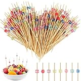 NVGVUP 200 Stück Cocktailspieße, 12 CM Fingerfood Spieße, Cocktail Sticks, Holz Zahnstocher mit Farbige Kristallquadrate, Partyspieße für Cocktail Obst Antipasti Getränke Kuchen Häppchenn