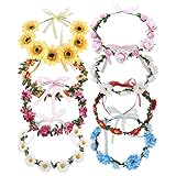 8 Stück Boho-Blumenkranz mit Schleife, Halo-Haarbänder, Haargirlande, Hochzeit, Braut-Kopfschmuck, Tiara, Sonnenblume, Gänseblümchen, Hibiskus, Hawaii-Party-Zubehör für Kinder, Frauen und Mädchen
