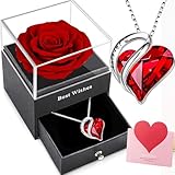Ewige Rose mit Kette Damen Silber 925,Infinity Rose mit Rubin Geburtsstein kette,Konservierte Rose Geschenkbox,Rote Kristall Herz Halskette,Frauen Weißgold Anhänger am Valentinstag Weihnacht Muttertag