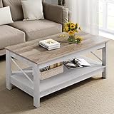 YITAHOME Couchtisch, Wohnzimmertisch, 2-stöckiger Dicker Holz Rechteckiger Couchtisch, X-Form Metal Side Support, Stabil 100x55,3x45cM (Weiß+Grau)