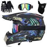 Bluetooth Motocross Helm Set mit Brille Handschuhe Maske, Kinder Erwachsener Motorradhelm für MTB Enduro ATV Downhill Sicherheit Schutz(Blue yak claw,XL (58-59cm))