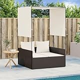 JHQHSM Doppelliege mit Dach und Vorhängen aus Braunem Poly Rattan, Gartenmöbel mit PE-Rattan Gestell und Abnehmbaren Kissen, Wetterbeständige Lounge für Terrasse und Außenbereich,