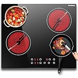 Karinear Kochfeld 4 Platten 6000W, Glaskeramikkochfeld 60cm Autark Einbau, Touch-Steuerung, Herdplatte 4 Kochfelder mit Timer, Sicherheitsverriegelung, Restwärmeanzeige, 240V, Kein Stecker