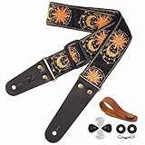 Nefelibata Gitarrengurt, Sonne & Mond Stickerei Gitarrengurte mit Kopf Rindsleder Enden für Bass, elektrische & akustische Gitarren, kostenlose Gurtknopf, 1 Paar Gurtschlösser und 4 Gitarrenplektren