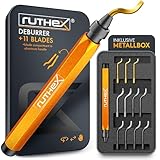 ruthex Entgrater in Metallbox inkl. 11 Klingen für Kunststoff, Metall, Edelstahl - ideal im 3D Druck - Handentgrater mit Griffstaufach - zusätzliche titanbeschichtete Entgraterklingen für Bohrungen