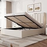 LUXOAK Polsterbett mit Bettkasten, 115 cm hohes Kopfteil, Stauraum, Liftfunktion & Chrom-Design, Massivholzrahmen – Samt (Cremeweiß, 140 x 200 cm)