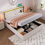 Kelodan Polsterbett 160x200 LED Doppelbett Stauraum Bettkasten mit USB Typ C Ladefunktion Kopfteil aus Baumwolle Jugendbett mit lattenrost (Mit Matratze)