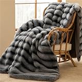 Kuschelige, weiche Kunstfell-Überwurfdecke, flauschig, gestreift, Farbverlauf, Winter, warme Tagesdecke für Sofa und Bett, schwarz, 180 x 200 cm, perfekte lässige Heimdekoration