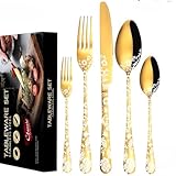 24/40/60-teiliges Set Edelstahl Besteck mit Muster, Besteck, Besteckmesser und Gabeln und Löffel für Hotel Western Steakmesser und Gabeln und Löffel/297 (Color : (pattern) gold 40piece set+8 servings)
