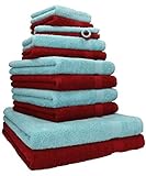 Betz 12-TLG. Handtuch Set Premium 100% Baumwolle 2 Duschtücher 4 Handtücher 2 Gästetücher 2 Seiftücher 2 Waschhandschuhe rubinrot/Ocean