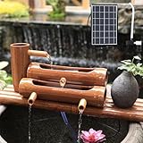 Dexinhdh Bambus-Solarbrunnen mit Pumpe, Zen-Garten-Dekorbrunnen, natürlicher Bambus, gestuftes Design, 6-W-Solarpanel, für Gartenterrasse(80cm)