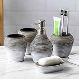 awagas 5 Stück Europäische Stil Keramik Bad Set Badset Badezimmer Zubehör Set mit Seifenspender Zahnbürstenhalter Becher Seifenschale Streifen für Retro Stilvolles Badezimmer Deko Grau Gebürstet