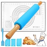 UCAMP Nudelholz mit Backmatte - 43,2 cm Silikon Teigroller Mit Holzgriff,Antihaft Teigrolle Backzubehör mit Holzgriff für Pizza, Nudelteig, Cookie, Kuchen, Fondant, Gebäc, Teig - Blau