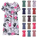 Nachthemden Für Damen Kurzarm Nachtkleid Damen Baumwolle Lang Blumen Sleepshirt Loose Schlafshirt Rundhals Loungewear Soft Nachtwäsche Weich Freizeitkleid Nachthemd Sleepwear Sommer Schlafhemd