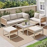 Darywell Garten-Lounge-Set, Rattanmöbel-Set für 6-7 Personen, Ecksofa mit verzinktem Eisenrahmen, verstellbaren Beinen, inklusive Aller Sitz- und Rückenkissen (Beige+Holzfarbe)