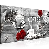 Runa Art Wandbild Kaffee Küche 1 Teilig 100 x 40 cm Modern Bild auf Vlies Leinwand Kaffeetasse Esszimmer Küchenbilder Grau Rot 027112c