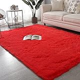 Flauschiger Kunstfell-Teppich 200 x 200 cm – weicher roter Lammfell-Teppich für Wohnzimmer, Kinderspielzimmer, gemütliche Heimdekoration, Wärme und Komfort