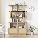 FAYICIC 105x31.7x160 cm Hochwertiges Bücherregal mit Rattantüren und Sicherheitsvorrichtung - Offene Einlegeböden, Leiterregal,Holz/Metall-Kombination