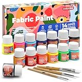colozoo Textilfarbe Waschmaschinenfest 14x20ml - Waschfestes Set inkl. Gold, Silber, 2 Neonfarben & 3 Pinsel - Zum Malen auf dunklen und hellen Stoffen