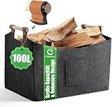 Trendecor XXXL 100L Holzkorb für Kaminholz, 60x40x40cm Kaminholzkorb mit Rutschfester Griffe und Fronttasche Faltbare Filzkorb Kaminholz für Einkauf Holz Zeitungen oder Brennholz