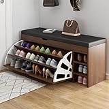 Schuhbank Mit Sitzkissen, Schuhtruhe Sitzbank Mit Stauraum, Für Flur Wohnzimmer Schlafzimmer, 100 * 30 * 51 cm, Für Niedrige & Hohe Schuhe, Farbe: Feldeiche + Schwarz