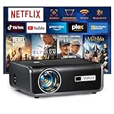 Smart Beamer【Netflix Official/Autofokus Trapezkorrektur】 Full HD 1080P 25000L Beamer 4K Unterstütz, VOPLLS WIFI6 Bluetooth Heimkino Video/Outdoor Beamer für Android/iPhone/Handy Projektor mit Stativ